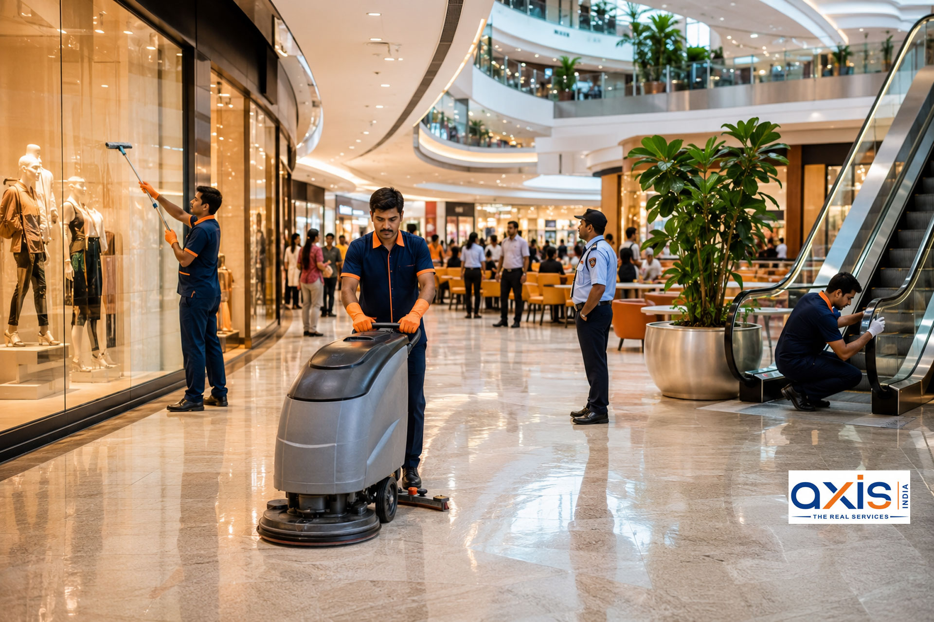 Professional Indian housekeeping staff, security guards and maintenance technician providing mall & retail facility management services inside a modern shopping mall in Delhi NCR.