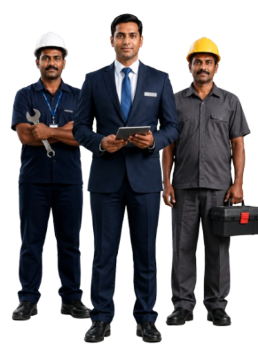 Professional IFMS staff team providing integrated facility management services including security, housekeeping, maintenance, gardening, pest control, and engineering at a modern corporate office in India.