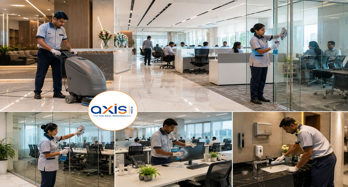 Professional corporate housekeeping staff cleaning a modern office in Delhi NCR