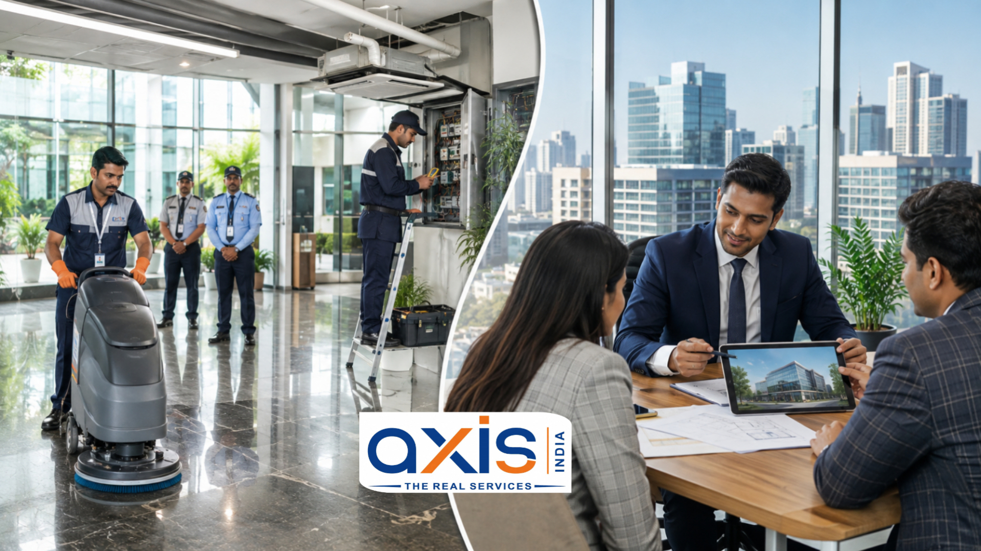 Facility management professionals maintaining a commercial building alongside a property manager handling tenant and lease management.