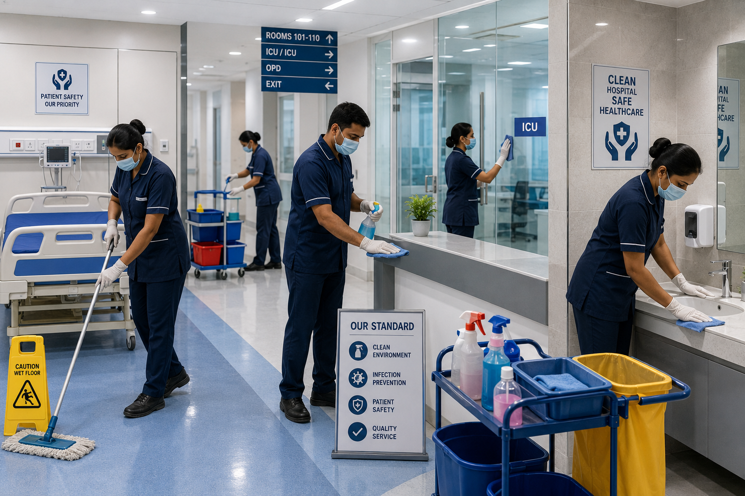 Professional hospital housekeeping staff cleaning and sanitizing a modern healthcare facility
