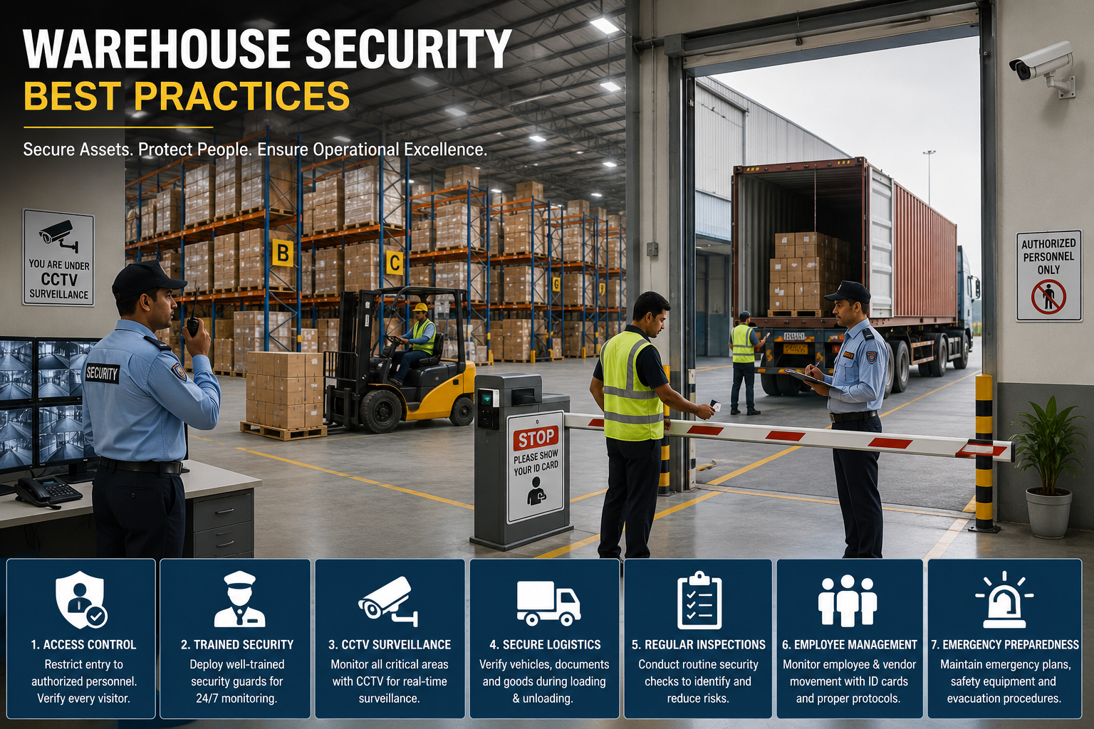 Warehouse security services with trained security guards, CCTV surveillance and access control