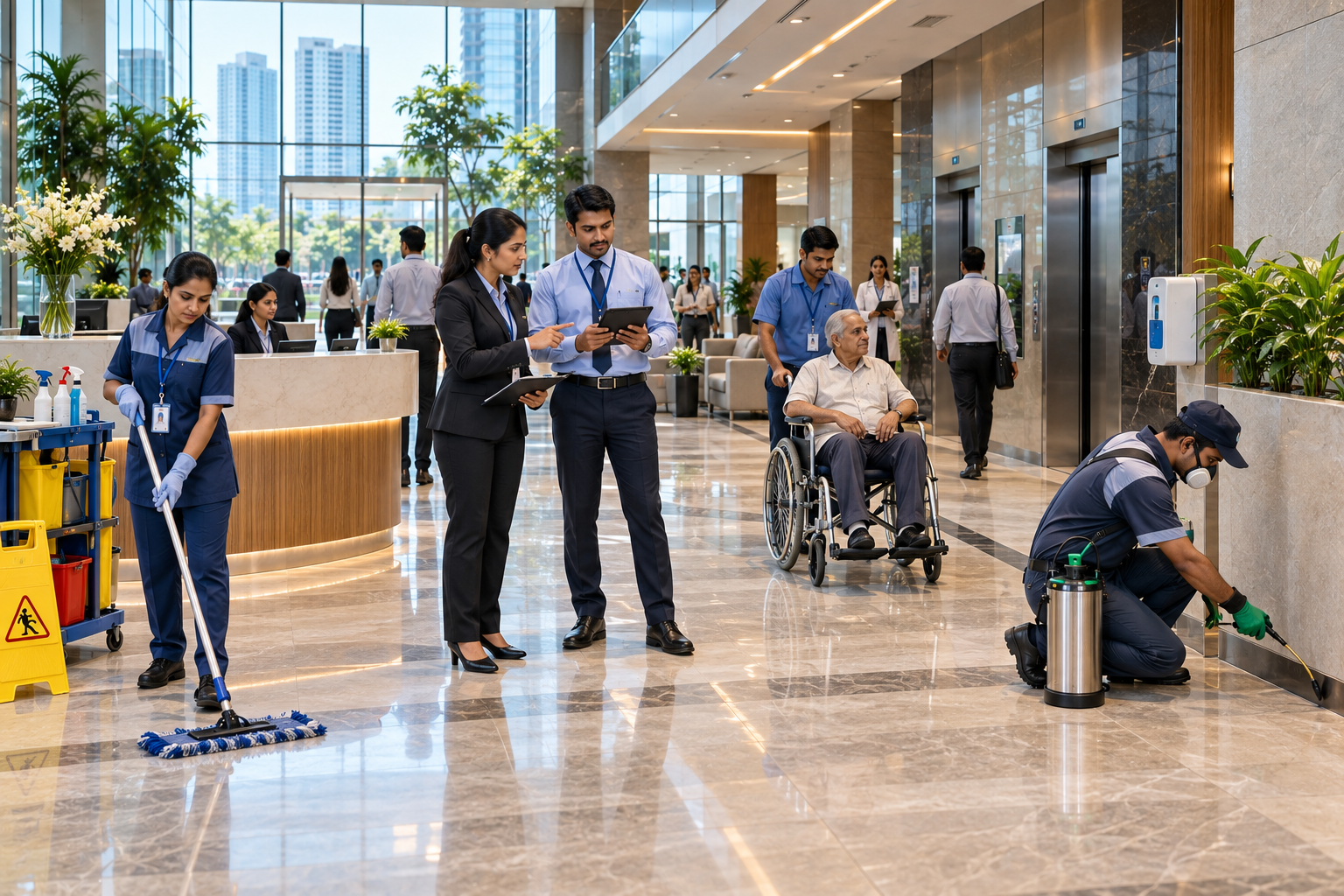 Professional facility management team providing housekeeping, GDA and pest control services at a modern commercial facility in Delhi NCR.