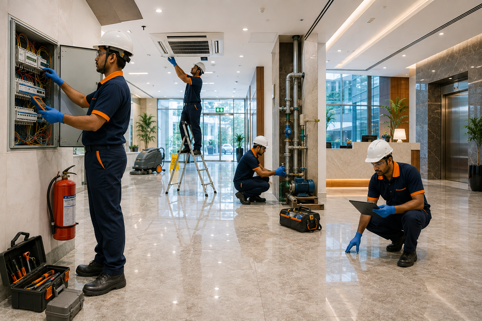 Facility management professionals inspecting electrical, HVAC, plumbing, flooring, safety equipment, and common areas during commercial building maintenance.