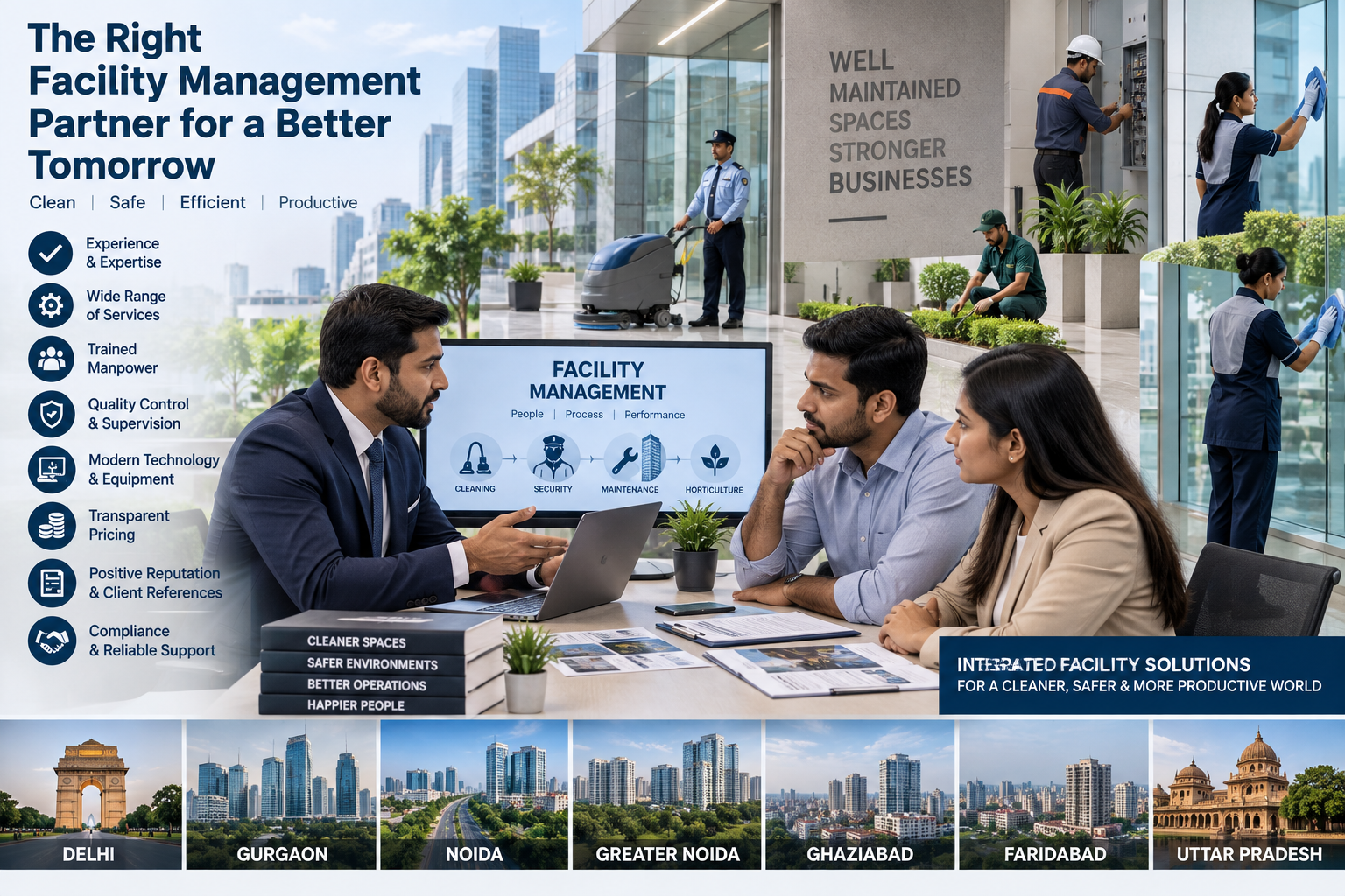 Professional facility management team providing cleaning, security and maintenance services